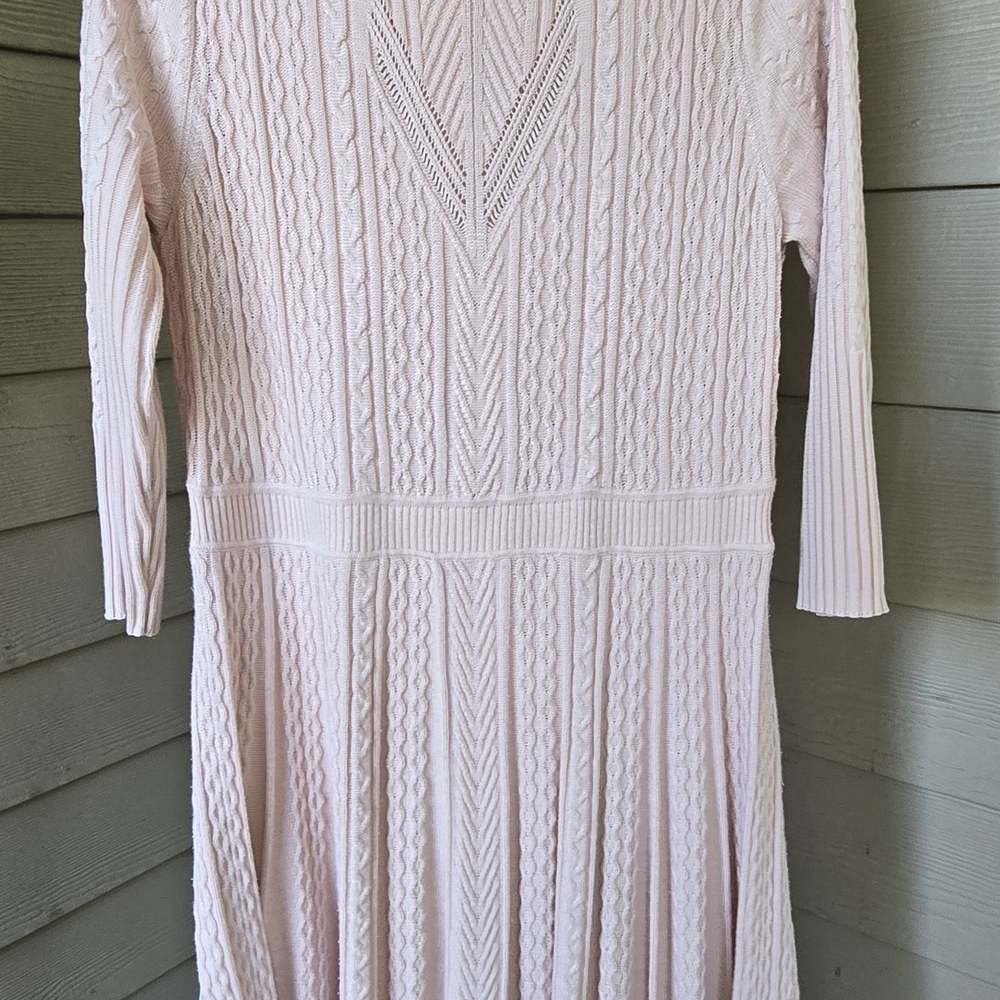 Calvin Klein Light Pink Sweater Dress L – Fit & Flare, Long Sleeve, Pleated Hem